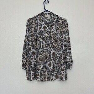Ann Taylor Loft Outlet Long Sleeve Blue & Brown Boho Paisley Print Blouse Size L